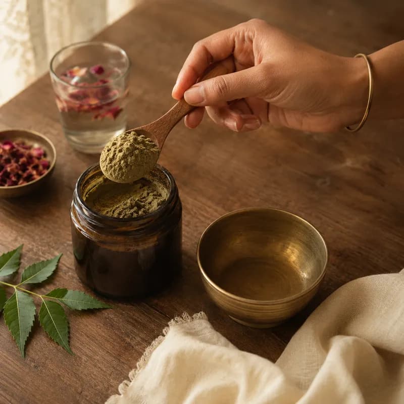 Wooden spoon scooping herbal powder from a jar beside a brass bowl