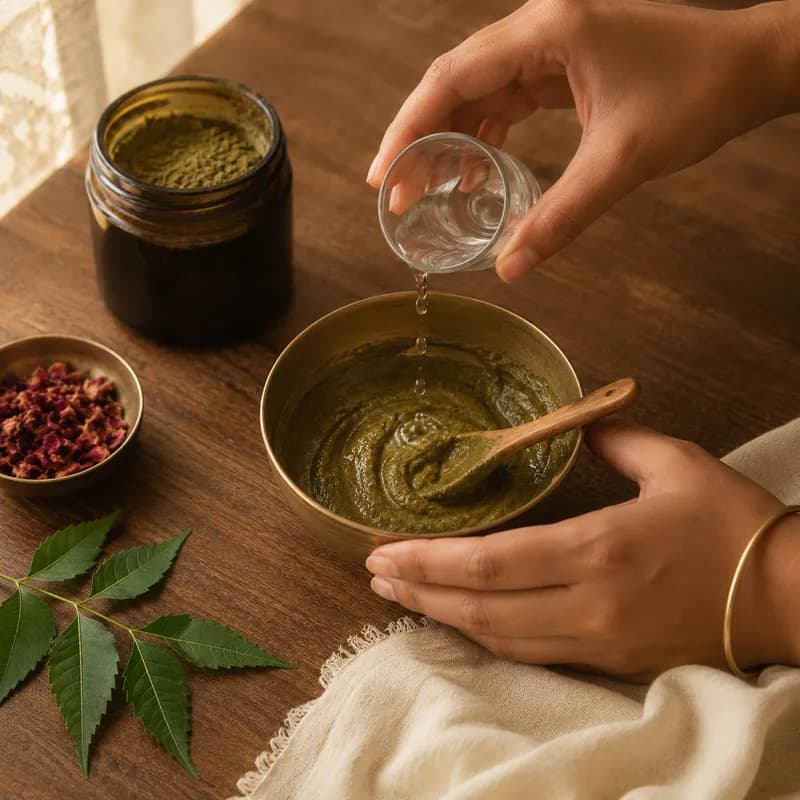 Hands pouring water into a brass bowl of green herbal paste