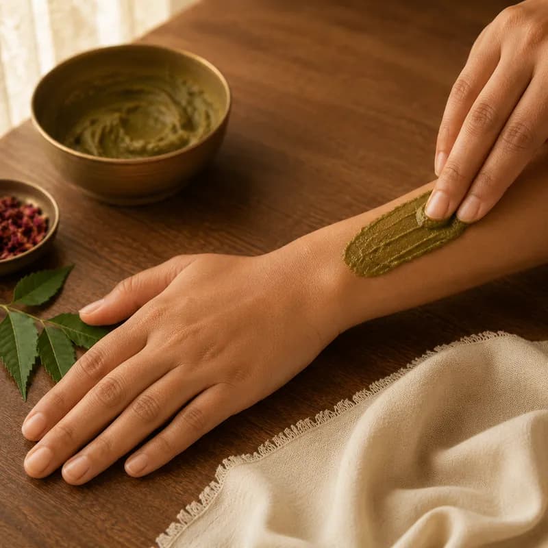 Fingertips spreading a stripe of herbal paste along a forearm