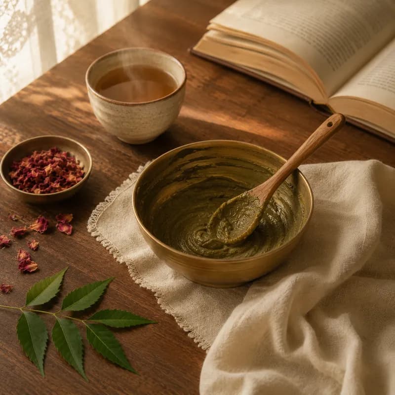 Bowl of herbal paste resting beside a cup of tea and an open book