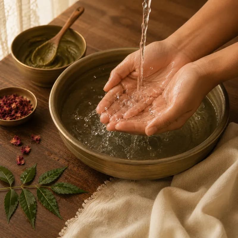 Cupped hands rinsing under a stream of water over a brass basin