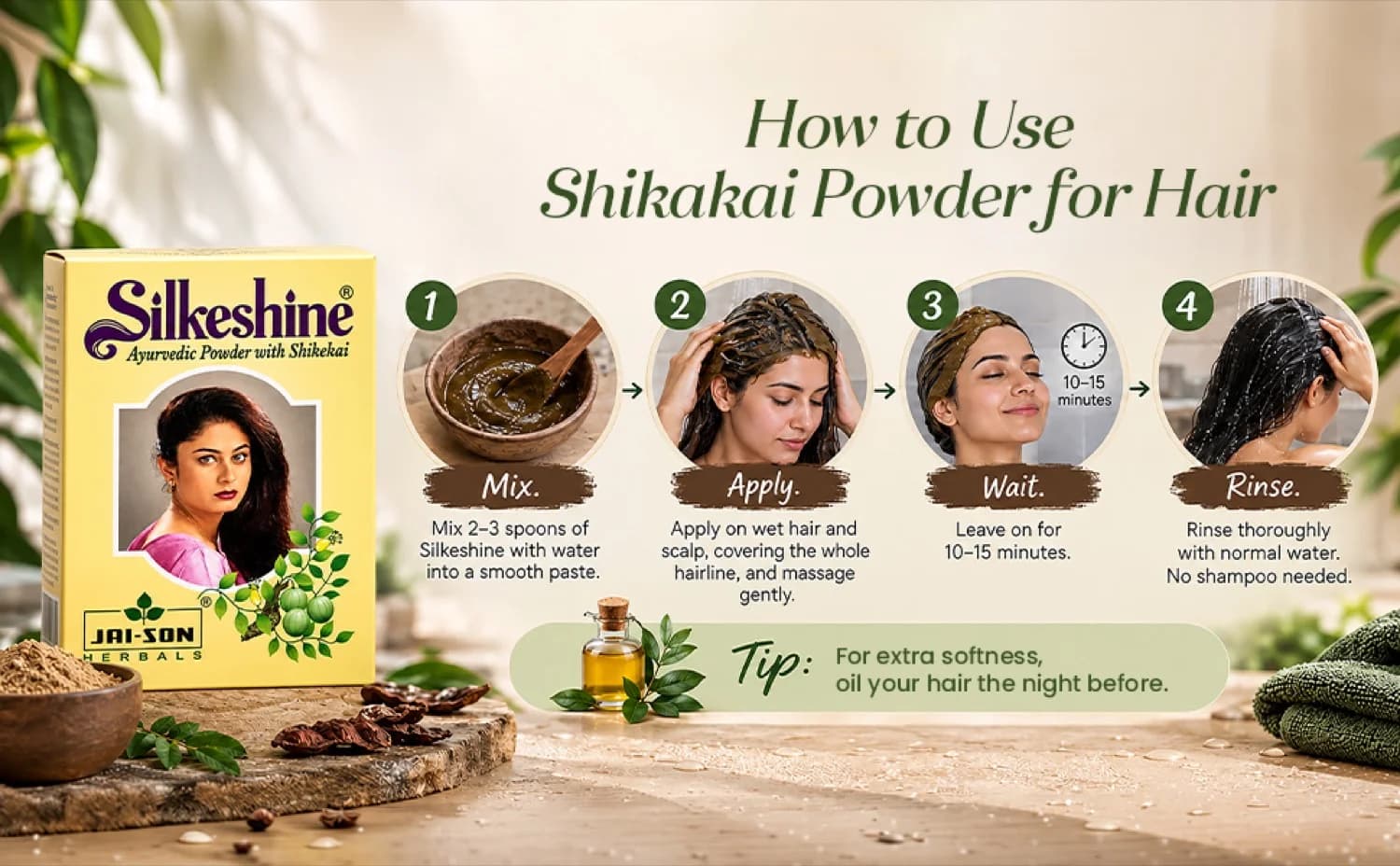 How to use Silkeshine Ayurvedic Shikakai Powder — mixing and application guide